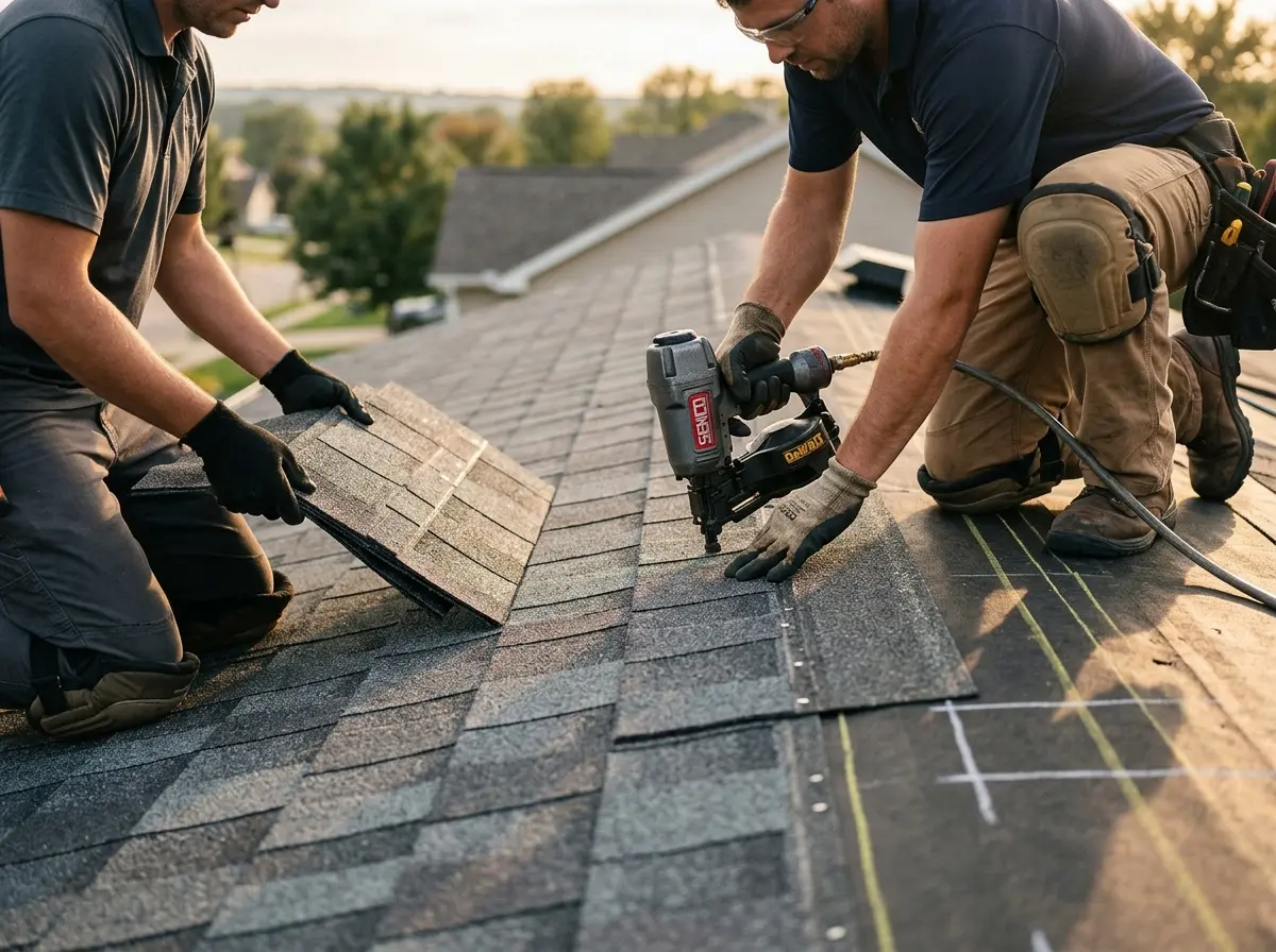 Professional roofer working on a residential roof in Lynchburg, Moore County